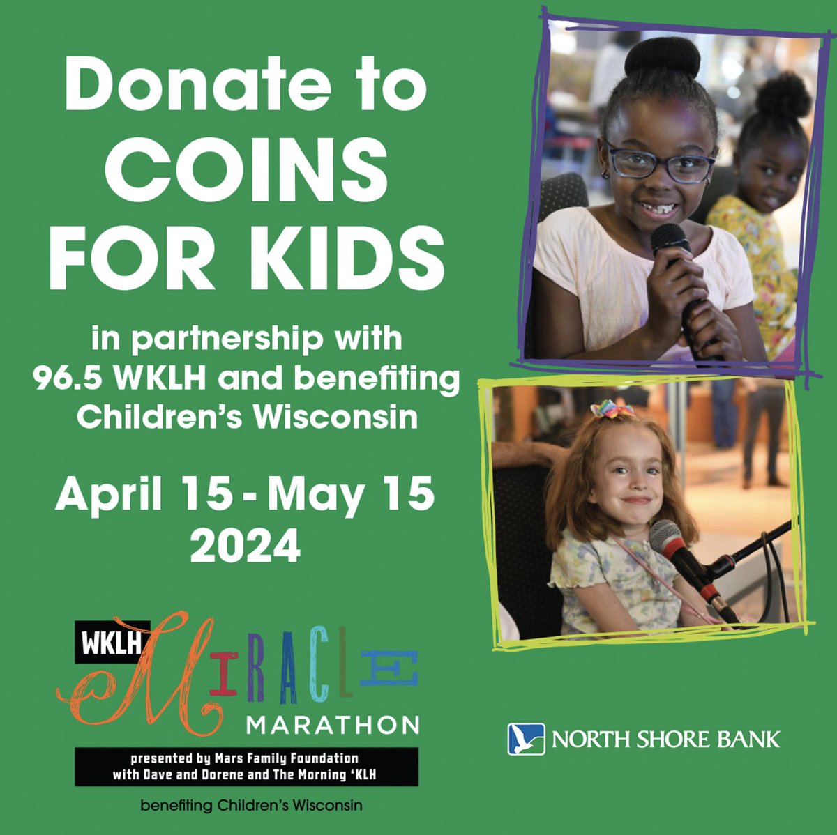 Support @965WKLH's Miracle Marathon for @childrenswi by getting your coins counted for free at any SE WI North Shore Bank location through May 15. You can donate all or a portion of the total to Coins for Kids. bit.ly/49EE2t6 Member FDIC | Equal Housing Lender