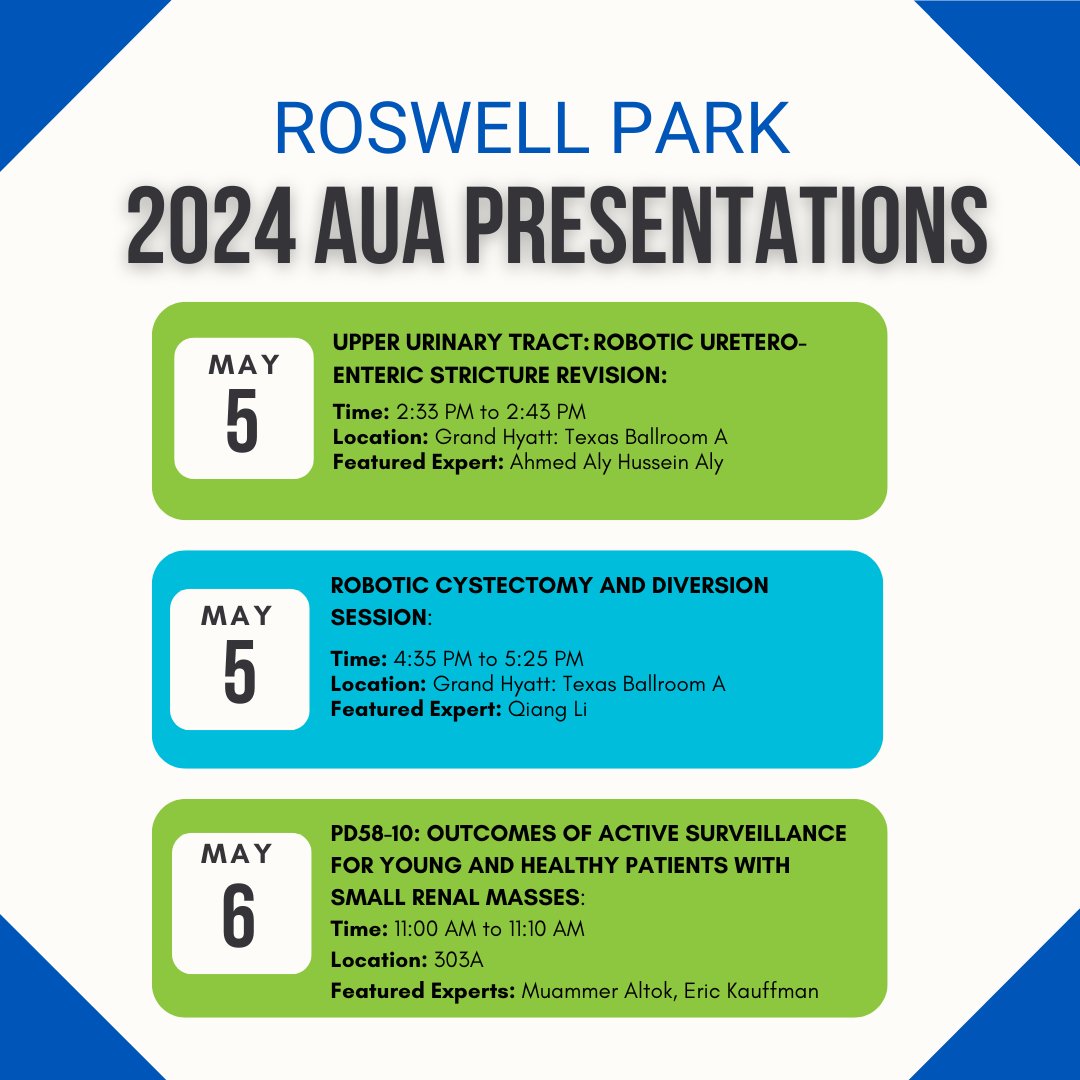 We are excited to share our participation in the @AmerUrological's 2024 Annual Meeting, scheduled from May 3-6 in San Antonio, TX. Our Roswell Park experts will actively engage in various presentations throughout the week. We invite you to stop by and connect with our team!