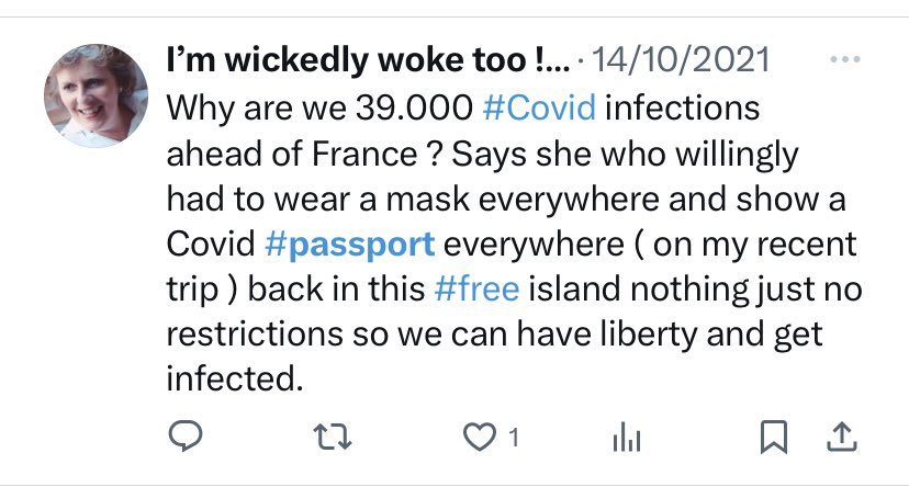 Oh, you find it sinister, do you? What…dystopian, authoritarian, claustrophobic, you mean? You were happy to parade your ‘injection ID’ papers to the French. Happy to partake in a two-tier society. Was that not sinister too?