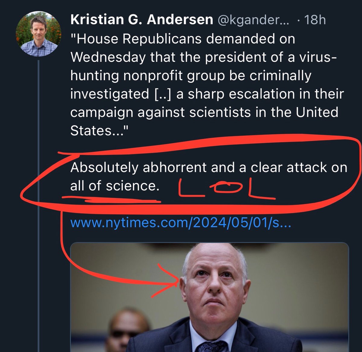 Kristian Andersen is going mad in isolation! He thinks Peter Daszak is “ALL OF SCIENCE!” 🤡😂