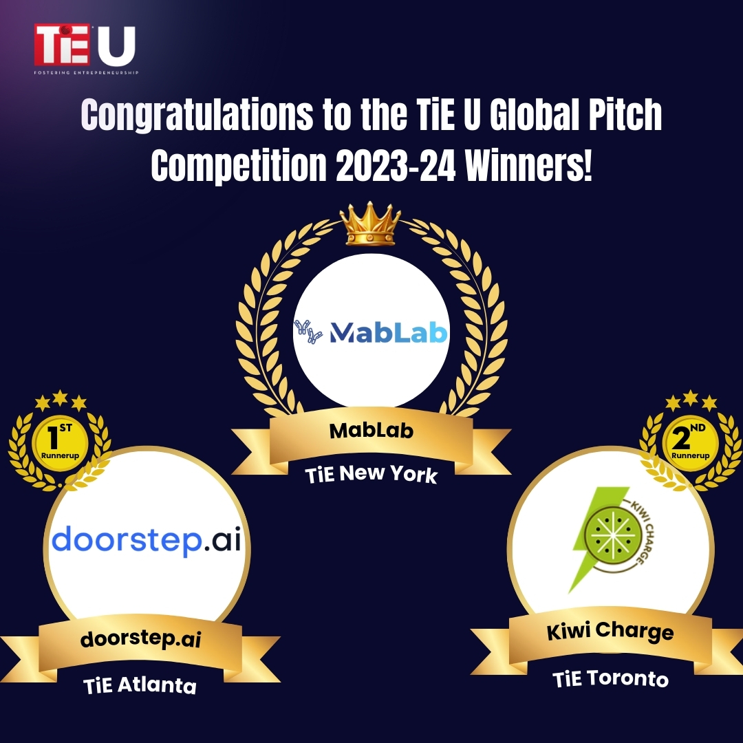 We're thrilled to announce the winners of the TiE U Global Pitch Competition 2023-24 Winners: 🏆 Winner: MabLab, Vienna Sparks 🥈 First Runner-Up: Doorstep AI, Shashwat M., Rishabh Goel, Sheel Patel 🥉 Second Runner-Up: Kiwi Charge, Abdel Ali, MBA, CFA #TiEU #PitchCompetition