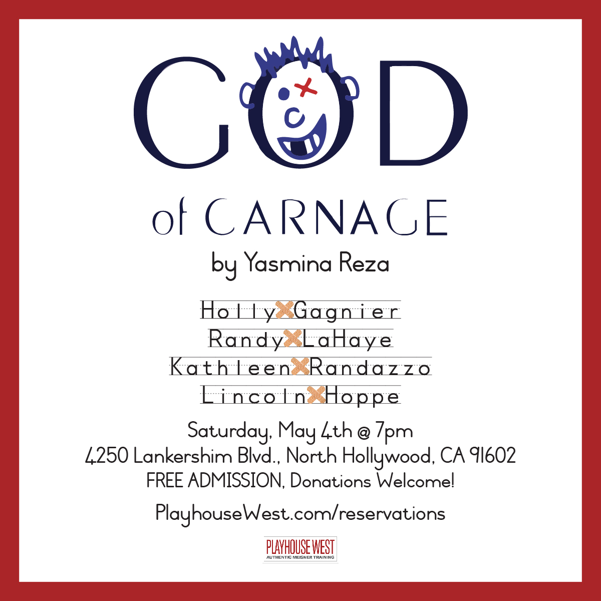 Need a good laugh? 😀 The 'God of Carnage' gang is back this Saturday, 5/4 @ 7pm! Admission is FREE, but donations are welcome.

Get your tickets now at l8r.it/qBE9 🎟️