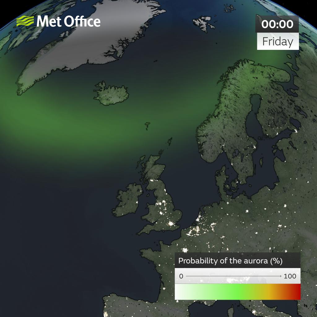 A coronal mass ejection has arrived from the sun recently As a result the aurora might be seen tonight where skies are clear, especially across Scotland, Northern Ireland and the north of England