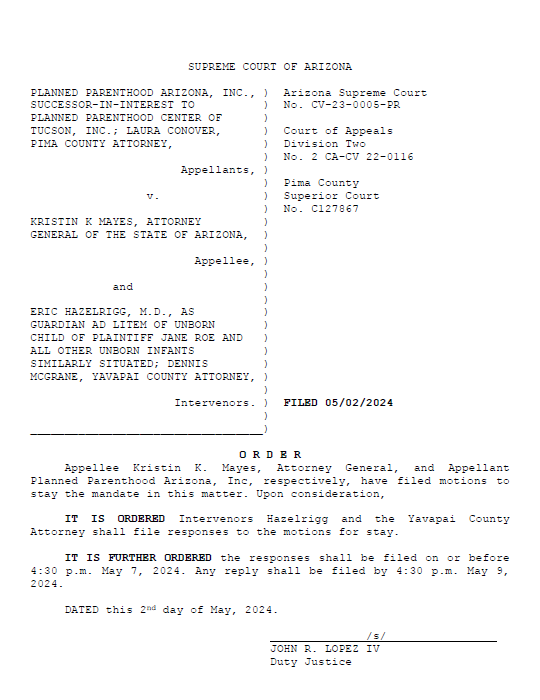 JUST IN Arizona Supreme Court wants to hear @AZAGMayes arguments to delay start date of 1864 abortion ban by 90 days & @PPArizona arguments to delay until repeal takes affect 90 days after end of legislative session. As things stand now, 1864 ban will be law for unknown period.