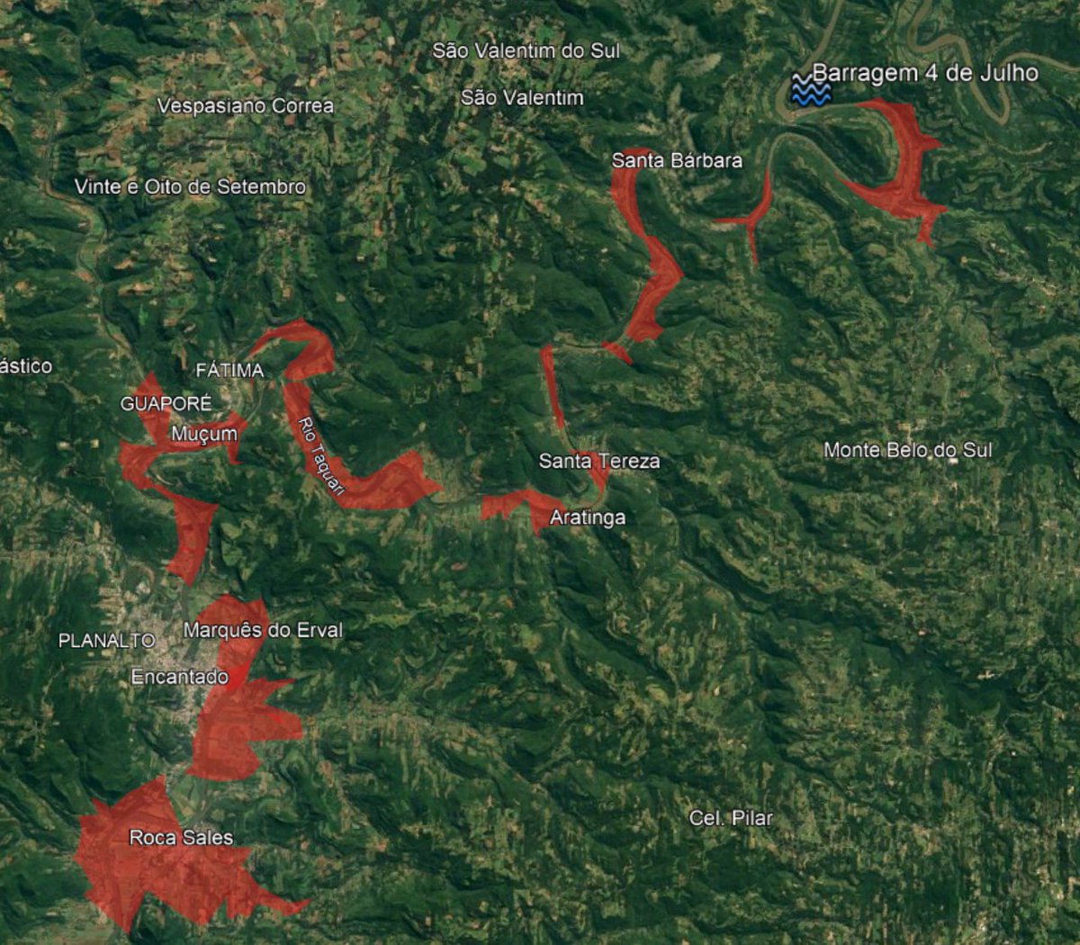 Demarquei pela topografia parte da área que pode ser atingida pela onda de cheia da Barragem 14 de julho (não é um estudo preciso pois usa apenas dados disponíveis pelo google maps, mas de qualquer forma as pessoas próximas desses locais vão precisar de ajuda)