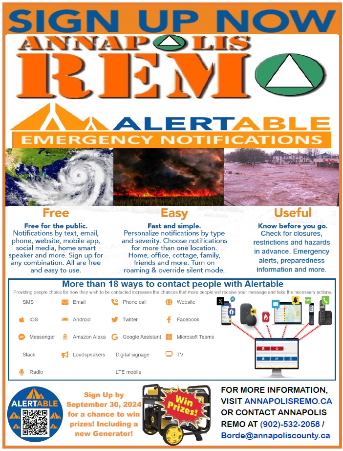 🚨 Exciting news for Annapolis REMO! 🚨 Stay informed and prepared with ALERTBLE! Get emergency alerts directly to your devices - email, home phone, cell phone, and more. Sign up now to receive crucial info on wildfires, floods, &amp; other hazards annapolisremo.ca