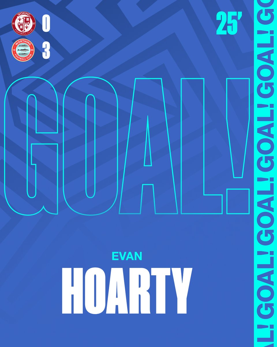 3-0. ANOTHER calamity at the back for Woking, Evan presses the keeper, nicks it off him and rolls it home unopposed. 

25' | 0-3 | #WorthingFC