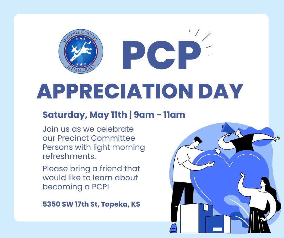 Community event alert! @SNCO_Dems are hosting their Second Saturday Social in Topeka on May 11 with a special focus on Precinct Committee Persons. Fantastic opportunity to learn more and commune with fellow Democrats!