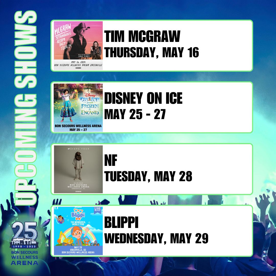 We've got a packed calendar for May, starting off strong with Star Wars: A New Hope Live, & Zach Bryan this weekend! Great shows with tickets still available🤩. Grab yours online at Ticketmaster or head to our GSP Airport Box Office.