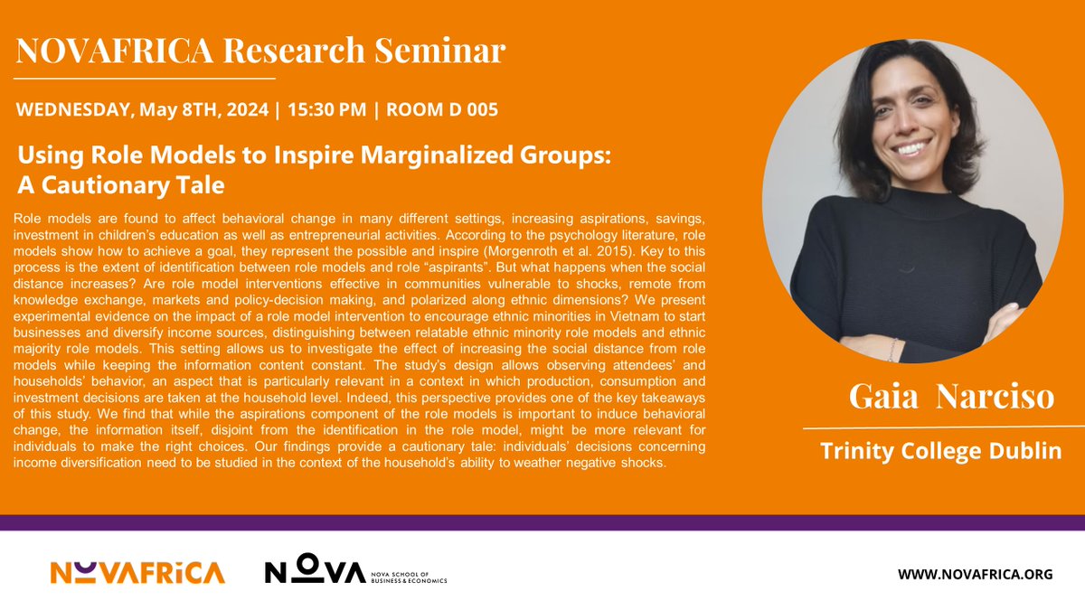 Prof @gaia_narciso @tcdeconomics will give a @NOVAFRICA seminar on 'Using role models to inspire marginalized groups: A cautionary tale' on Wed May 8 3:30pm (PT time) in D005 @NovaSBE Zoom: 🔗bit.ly/4cWxEk6 More:🔗bit.ly/4dhWaMn #EconTwitte