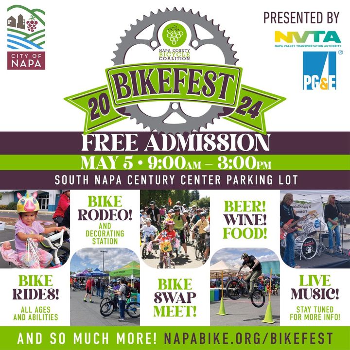 Napa Bikefest is back on Sunday, May 5 at the South Napa Century Center! 🚲 Bikefest brings together bike enthusiasts from across the Bay Area for a fun day of celebrating life on two wheels. Learn more at bit.ly/3UISZWU! 🚵‍♀️ LET'S RIDE! 🚴