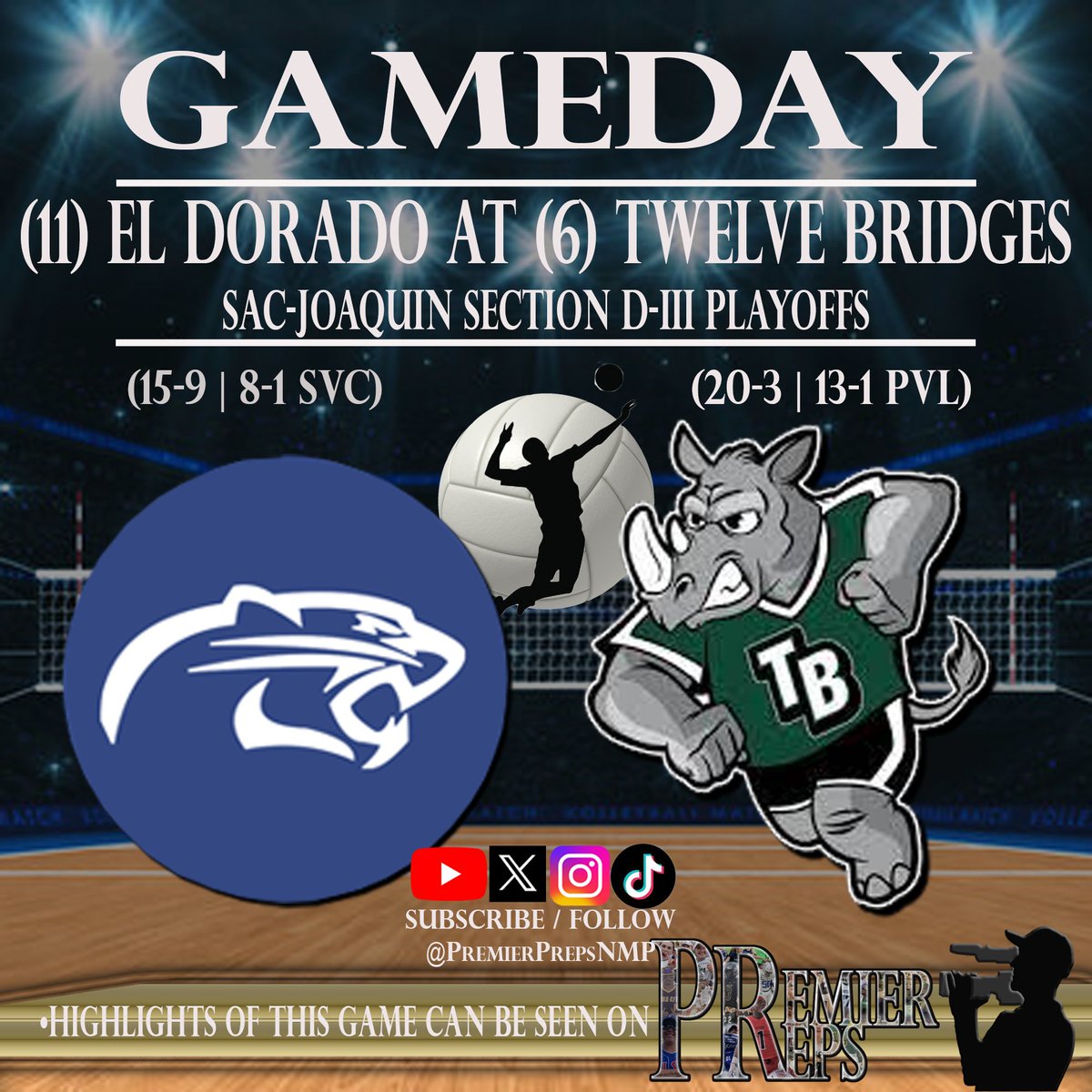 A double-dipper today at Twelve Bridges High School! 1st-The Rhinos host unbeaten Sutter on the🥎field! THEN- The first playoff game in school history for @RhinosTbhs boys🏐as they take on El Dorado. Premier Preps will have highlights from both ➡️youtube.com/@PremierPreps