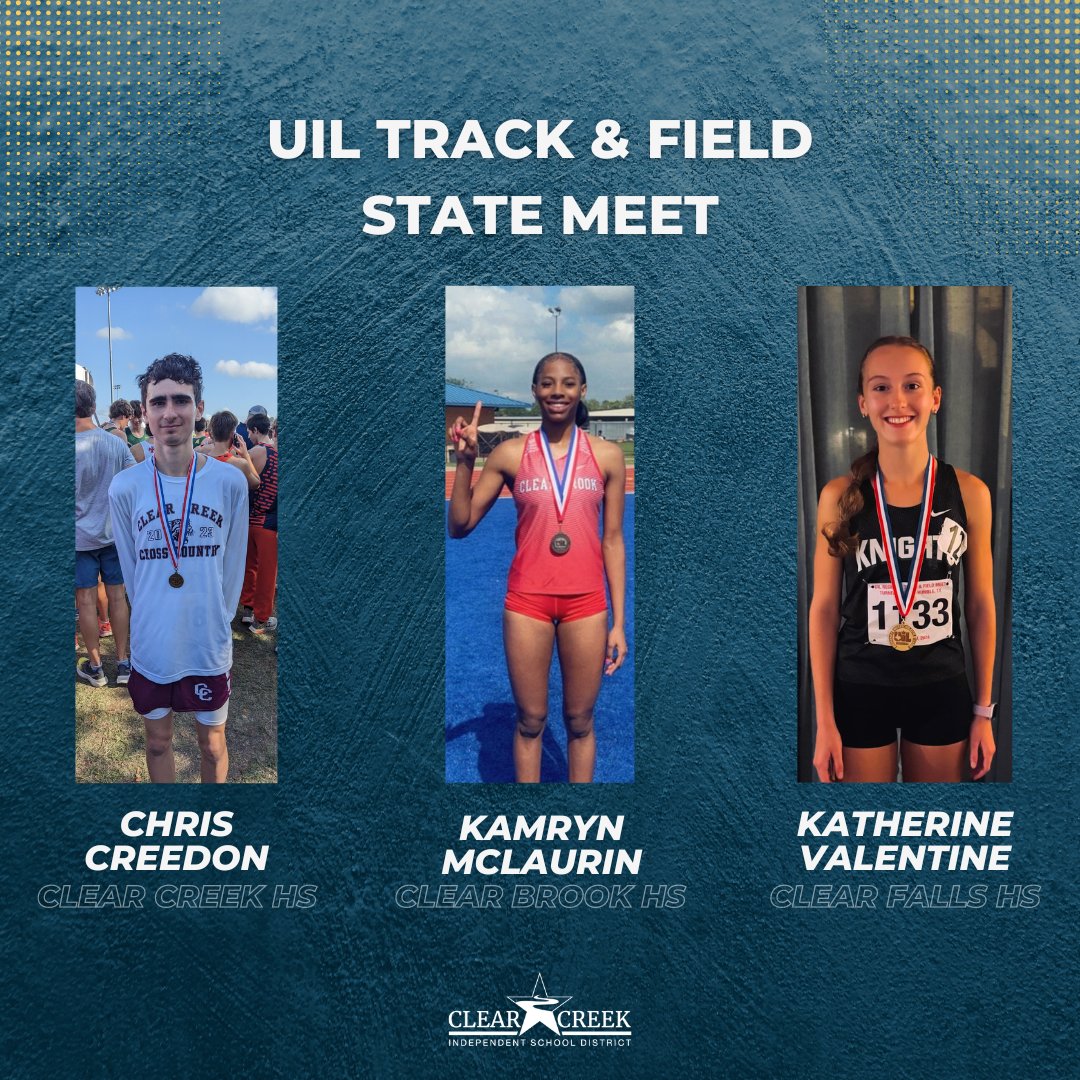 Congratulations and good luck to these three athletes who are competing in the 2024 UIL Track and Field State Meet this Saturday in Austin! @CreekWildcats @CFHS_Knights @ClearBrookHS