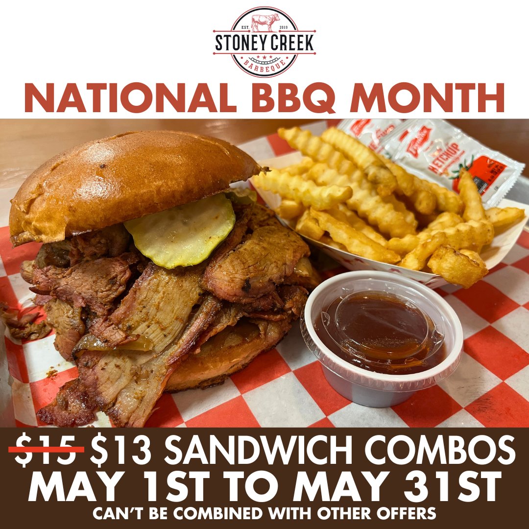 It's National BBQ Month!  To celebrate, we're taking $2 OFF ALL of our Sandwich Combos!  Get a delicious Tri-Tip Sandwich with a side and a drink for only $13!!!

#StoneyCreekBBQ
#Porterville
#BBQ
#NationalBBQMonth
#TriTipSandwich
#LowAndSlow
#WorthTheDrive