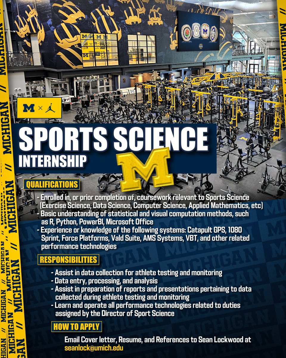 Interested in a career in Sports Science? See how interning for the Michigan football performance department can develop your skill set. Propel yourself into your professional journey and join us today! Looking for candidates for the summer and fall of 2024 academic calendar.