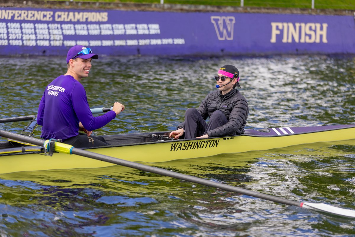 Actor Luke Slattery, who portrayed <a href="/UW_Rowing/">Washington Rowing</a>  coxswain Bobby Mooch in the movie The Boys in the Boat, was out on Lake Washington this morning taking his turn in the coxswain seat with the UW first varsity.  <a href="/UWAthletics/">Washington Athletics</a> <a href="/WindermereCup/">Windermere Cup</a> #BoysInTheBoat #RowingU #LukeSlattery