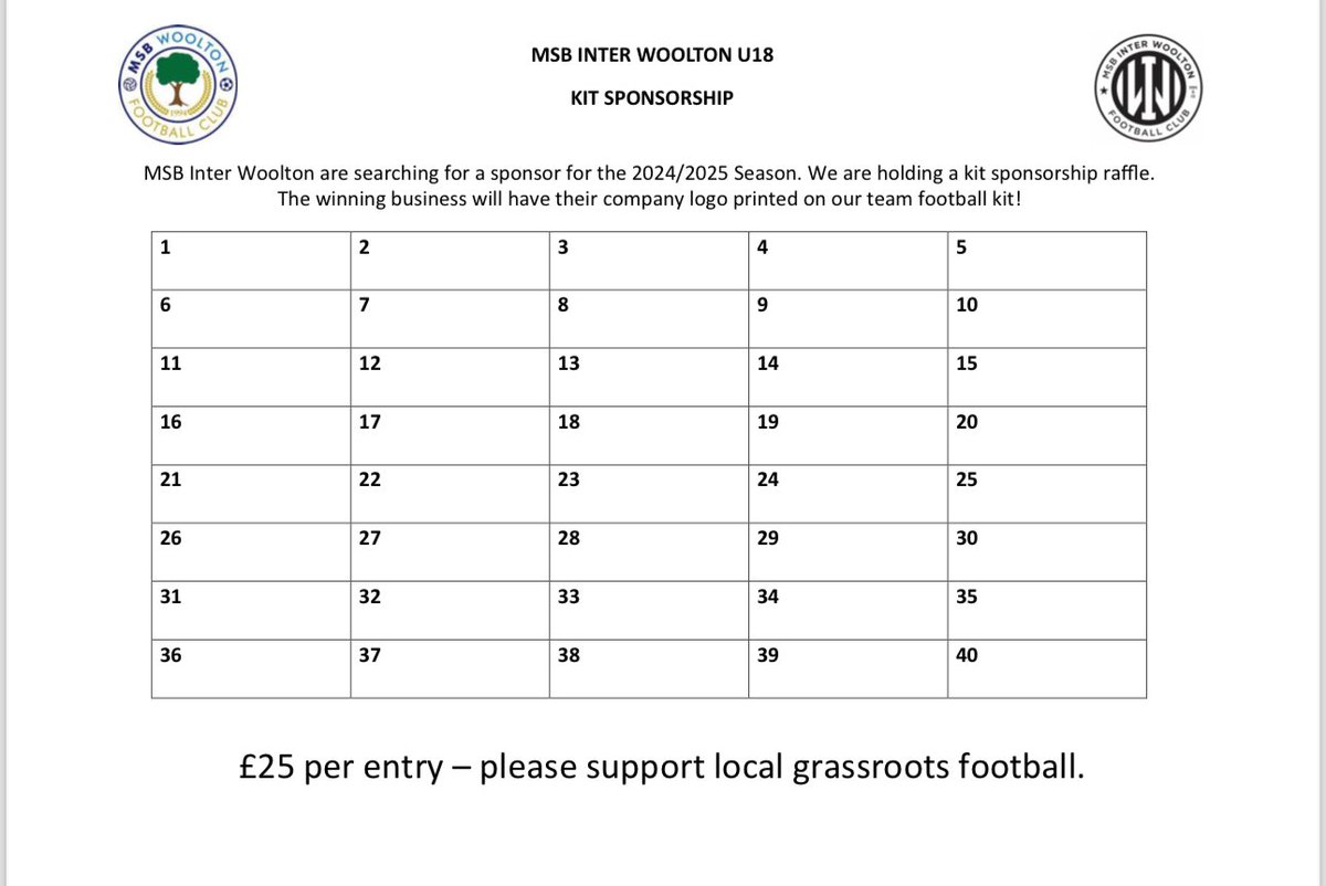 InterWoolton's tweet photo. We are looking for a new sponsor for next season. Would you like the opportunity to win sponsorship for a £25 stake? Please DM if interested @WooltonJuniorFC https://t.co/gbylU8DV7l