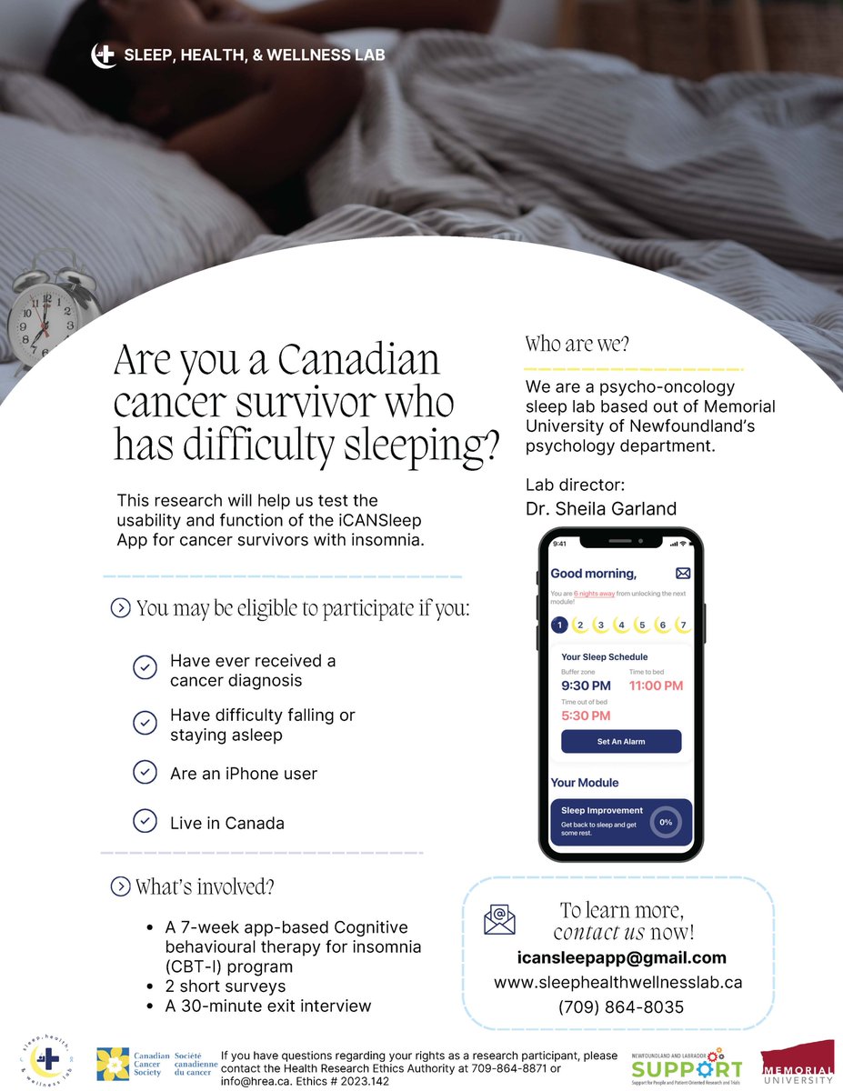 Great opportunity to try a new app specifically designed for treating #insomnia in people with #cancer. Participate from anywhere in Canada! More here: drsheilagarland.com/icansleep-app @CancerSurvSM @survivornetca @ayacan_cancer @cancersociety @CAPO_ACOP