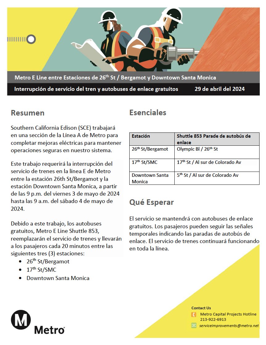 Southern California Edison will work on a section of the Metro E Line to complete electrical upgrades to maintain safe operations on our system. This work will take place from 9 pm Friday, May 3, 2024 to 9am Saturday, May 4, 2024. mtro.la/9iOq50Rv8jf