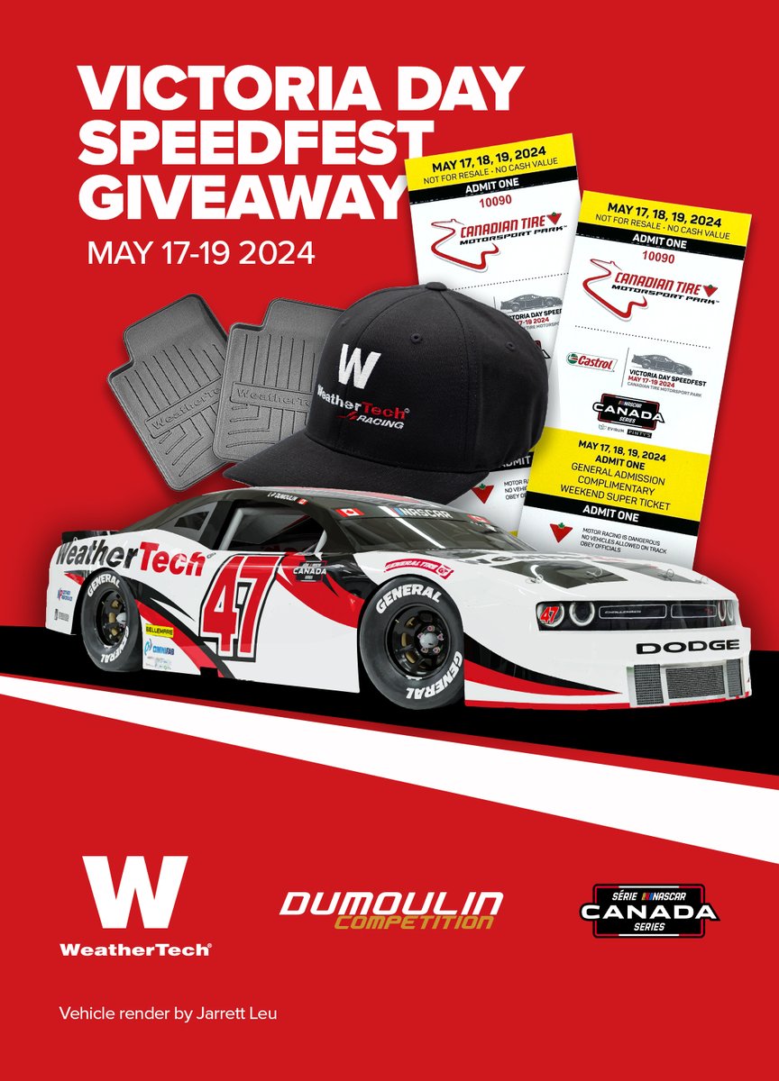 weathertechca's tweet photo. 🚨 GIVEAWAY ALERT 🚨
We’re giving away passes to the Victoria Day Speedfest at @CTMPOfficial 🏁
For your chance to win:
⚫️ Follow us and @DumoulinDC
⚫️ Enter here: https://t.co/wIEss8AZkM
Winners will be drawn on May 6th!
#weathertechracing | @DumoulinLP | @NASCARPintys https://t.co/IQO9BWZyJu