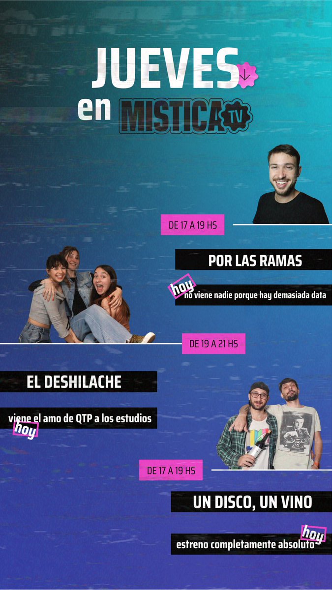 MISTICA TV (@misticatv_) on Twitter photo JUEVES MÍSTICO
Grilla cada vez más completa, y aún faltan más.
Hoy PLR con Rama y Car, pasados de data para bajar.
Las pibas del Deshilache con la visita del mandamás <a href="/JoelNatali1/">Joel Natali</a> y por último una nueva incorporación al canal: Un disco, un vino, con Julián Oña 🍷 JUEVES MÍSTICO
Grilla cada vez más completa, y aún faltan más.
Hoy PLR con Rama y Car, pasados de data para bajar.
Las pibas del Deshilache con la visita del mandamás <a href="/JoelNatali1/">Joel Natali</a> y por último una nueva incorporación al canal: Un disco, un vino, con Julián Oña 🍷