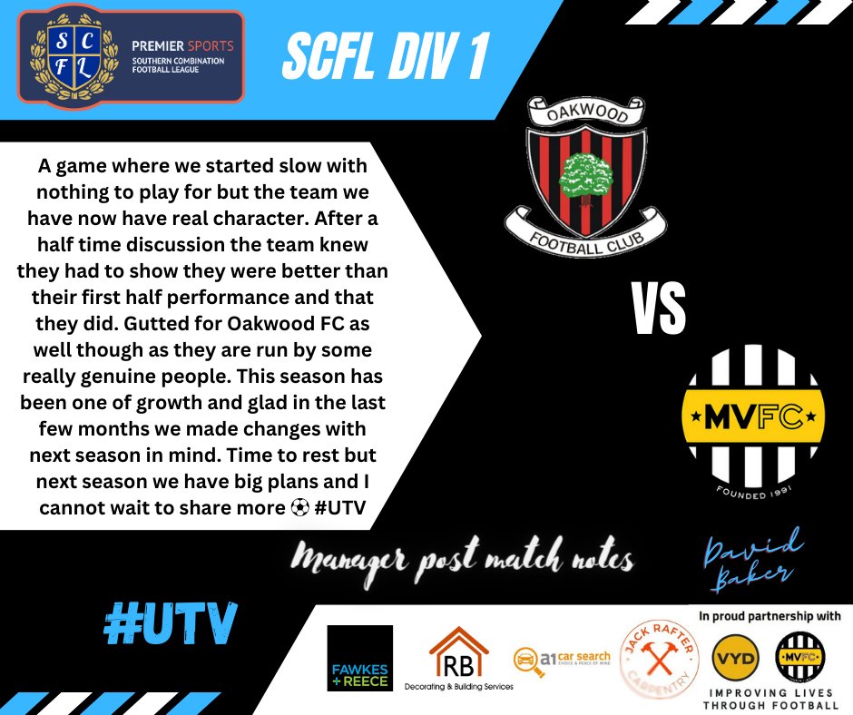 Managers post match notes from the weekend versus @OakwoodFC.

We wish them the best for next season.

Downtime 💤 now before we share some exciting plans for next season 💪⚽

@TheSCFL 
@SussexCountyFA 
@NonLeagueSsx 
@NonLeaguePaper 

#UTV