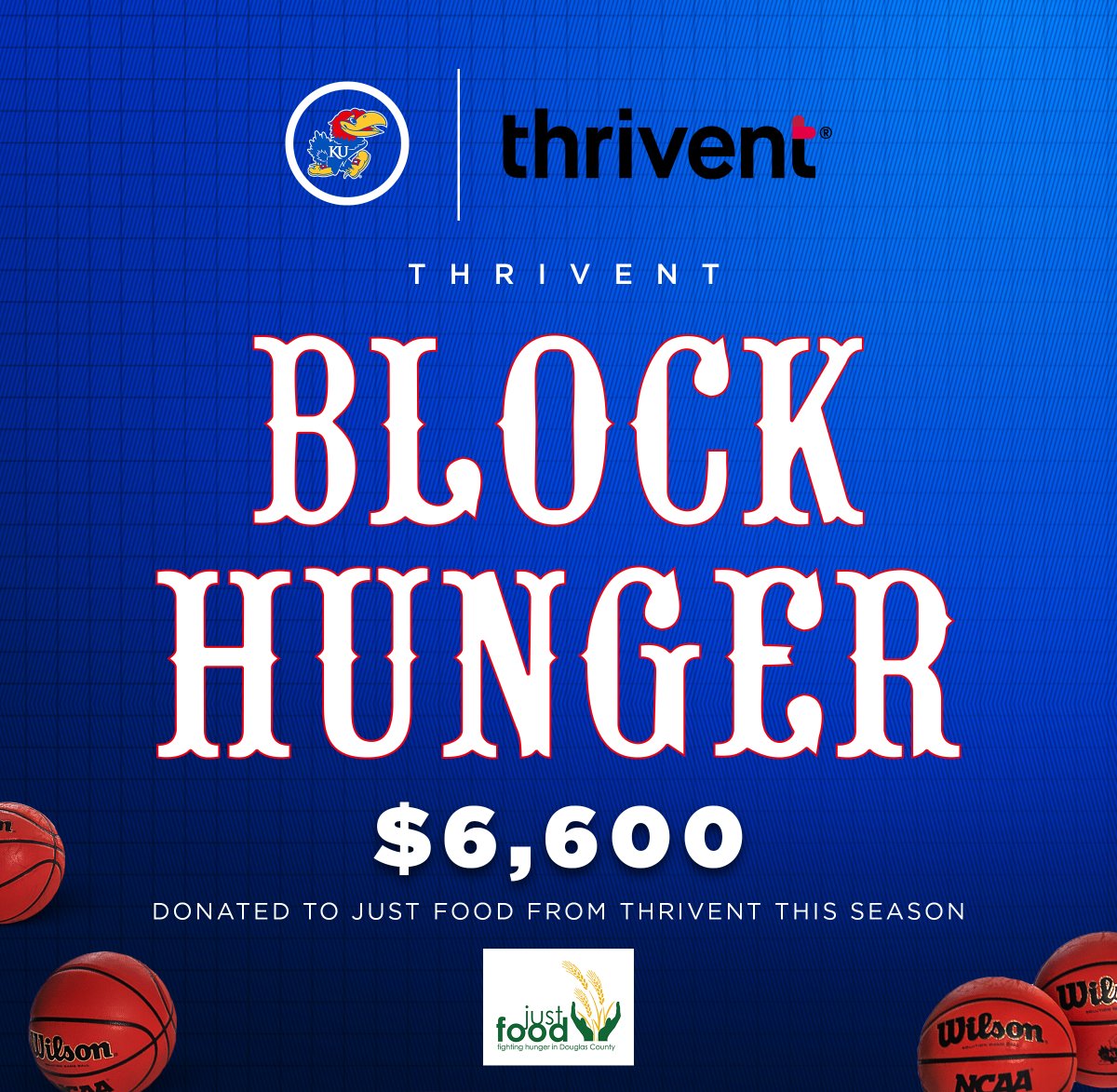 For every block recorded by @kuhoops and @kuwbball this season, @Thrivent donated to Just Food of Douglas County for a total of $6,600 🏀 #RockChalk x #BlockHunger