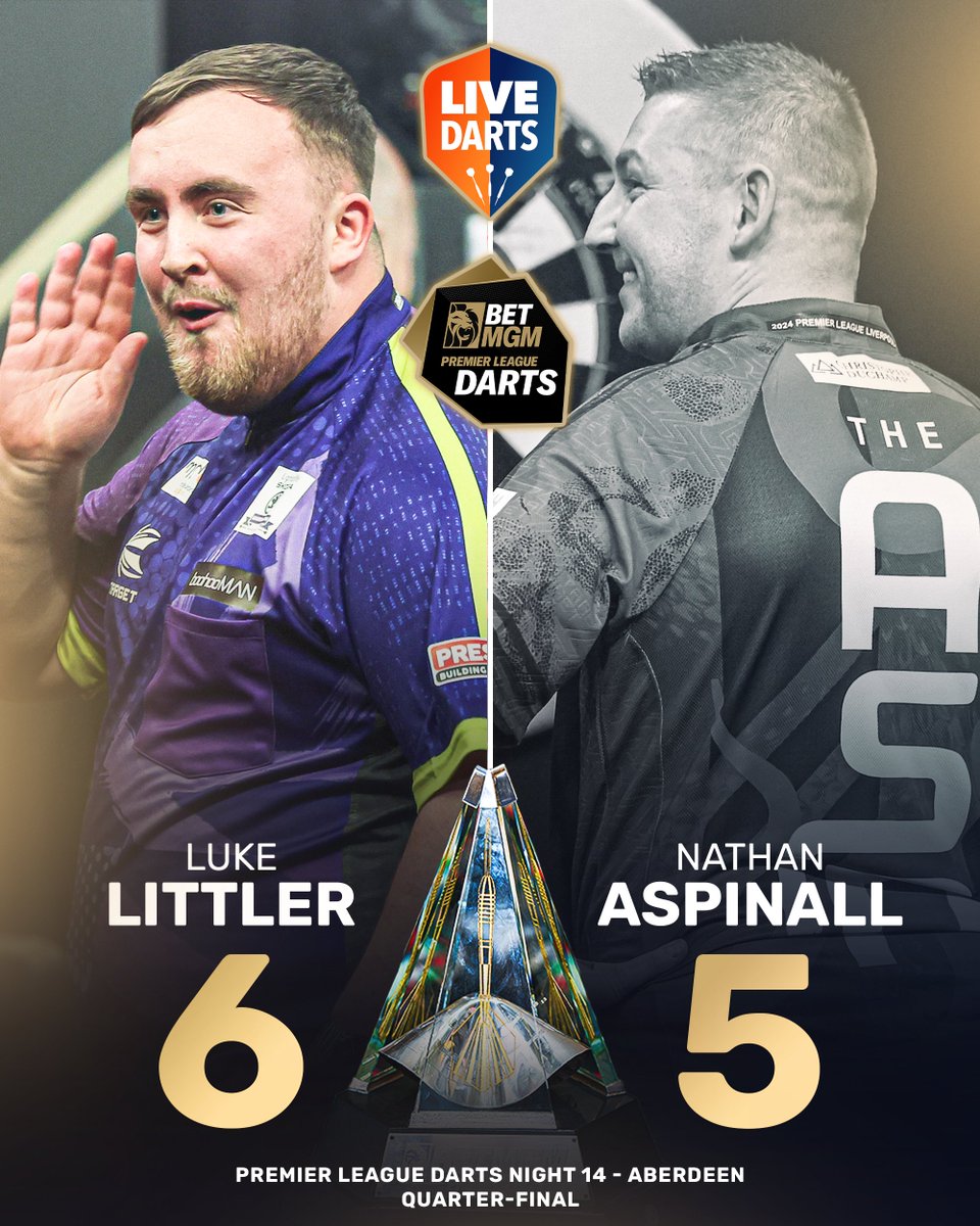 𝗡𝗨𝗞𝗘 𝗘𝗗𝗚𝗘𝗦 𝗧𝗛𝗘 𝗔𝗦𝗣 𝗔𝗚𝗔𝗜𝗡 ☢️

League leader Luke Littler gets over the line to seal a deciding-leg win over Nathan Aspinall for the second week running, surviving one match dart from The Asp!

#PremierLeagueDarts