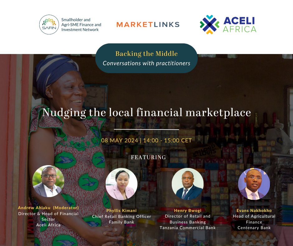 REMINDER: Join our webinar to see how financial incentives help local banks support agripreneurs! 🌾 Featuring experts from @AceliAfrica, @FamilyBankKenya, @tcbbank_, @CentenaryBank. 
Co-hosted with @AceliAfrica and @marketlinksorg.
👉 Register now: safinetwork.org/safin_events/n…