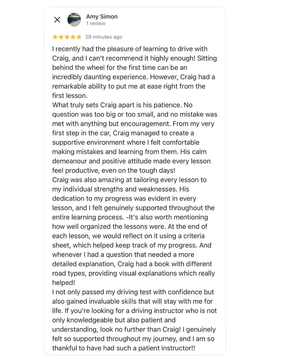 A lovely review from a recent pass! 😊
.
.
#pinner #ealing #hanwell #northolt #ruislip #drivingtestpassed #drivingtest #drivingtestsuccess #drivingtestpass #drivingschool #craigwattsdrivingschool #learntodrive #drivinglesson #drivinglessons #theorytest #car #drive