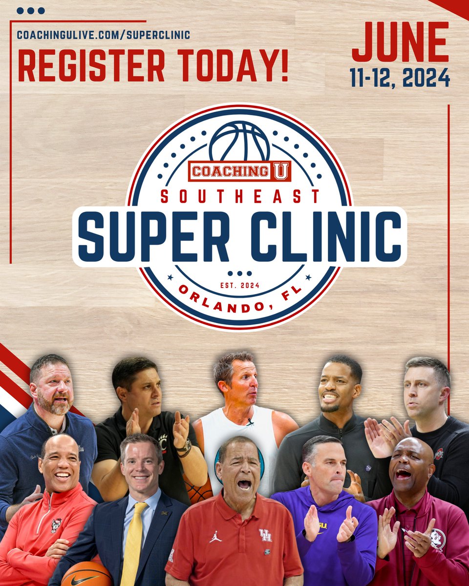 🏀 Coaching U returns to Orlando this summer with an all-star lineup for the 1st ever Southeast Super Clinic! 🗓️ June 11-12, 2024 📍 Orlando, FL 🎟️ Registration is now open: 🔗 coachingulive.com/superclinic