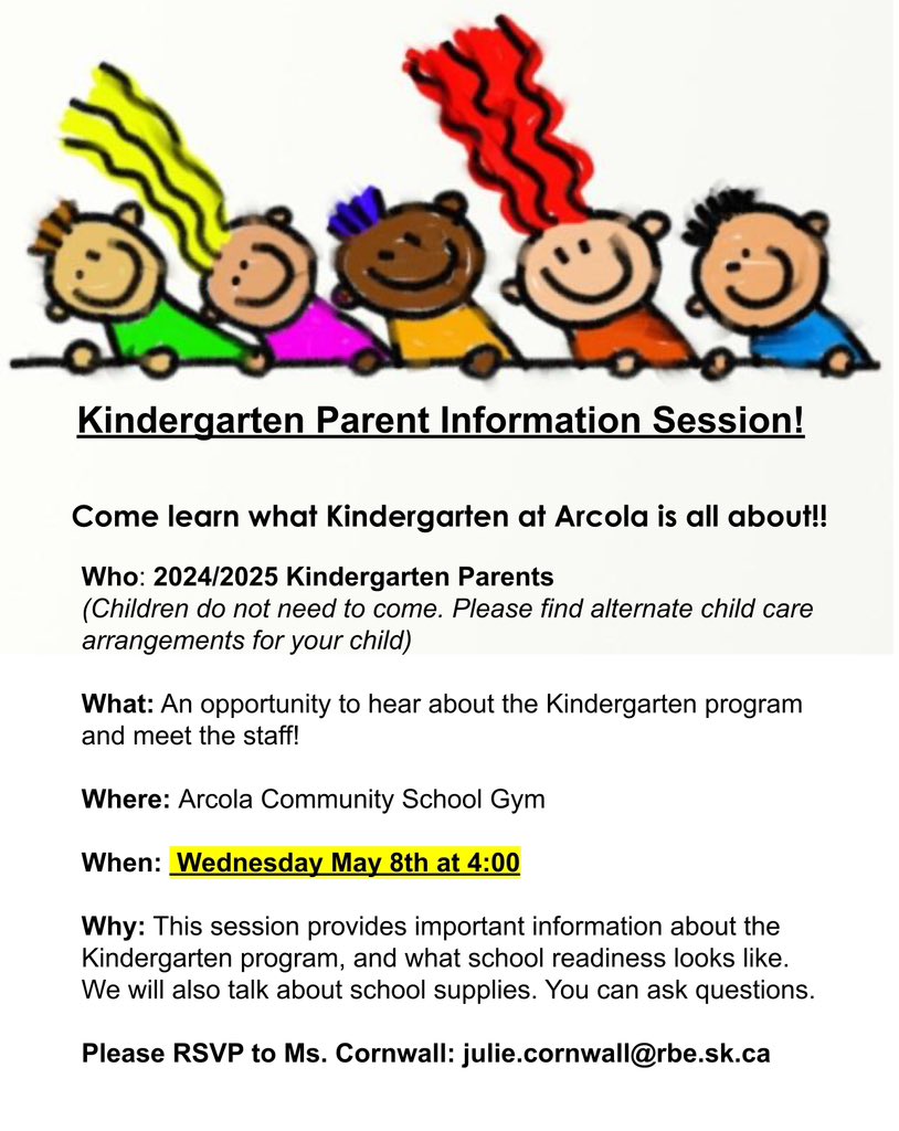Attention families:

If you have a child attending KINDERGARTEN for the 2024-2025 school year, please take a peak at this orientation event. Teachers and staff are excited to welcome you soon! 

Information: 
Kindergarten Parent Information Session. 
Wednesday May 8th 
4:00pm