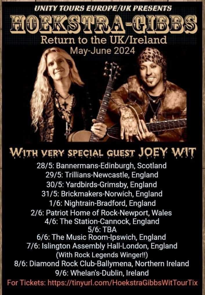 HOEKSTRA - GIBBS
WILL BE HEADED BACK TO THE UK/IRELAND
ALONG WITH SPECIAL GUEST JOEY WIT.
STARTING MAY 28, 2024 
AT:  BANNERMANS 
IN: EDINBORO, SCOTLAND
VIP ANNOUNCEMENT - UK/IRELAND TOUR VIP EXPERIENCE TICKETS NOW:
  Ticket links: bit.ly/hoekstragibbsv… 
bit.ly/hoekstragibbsv…