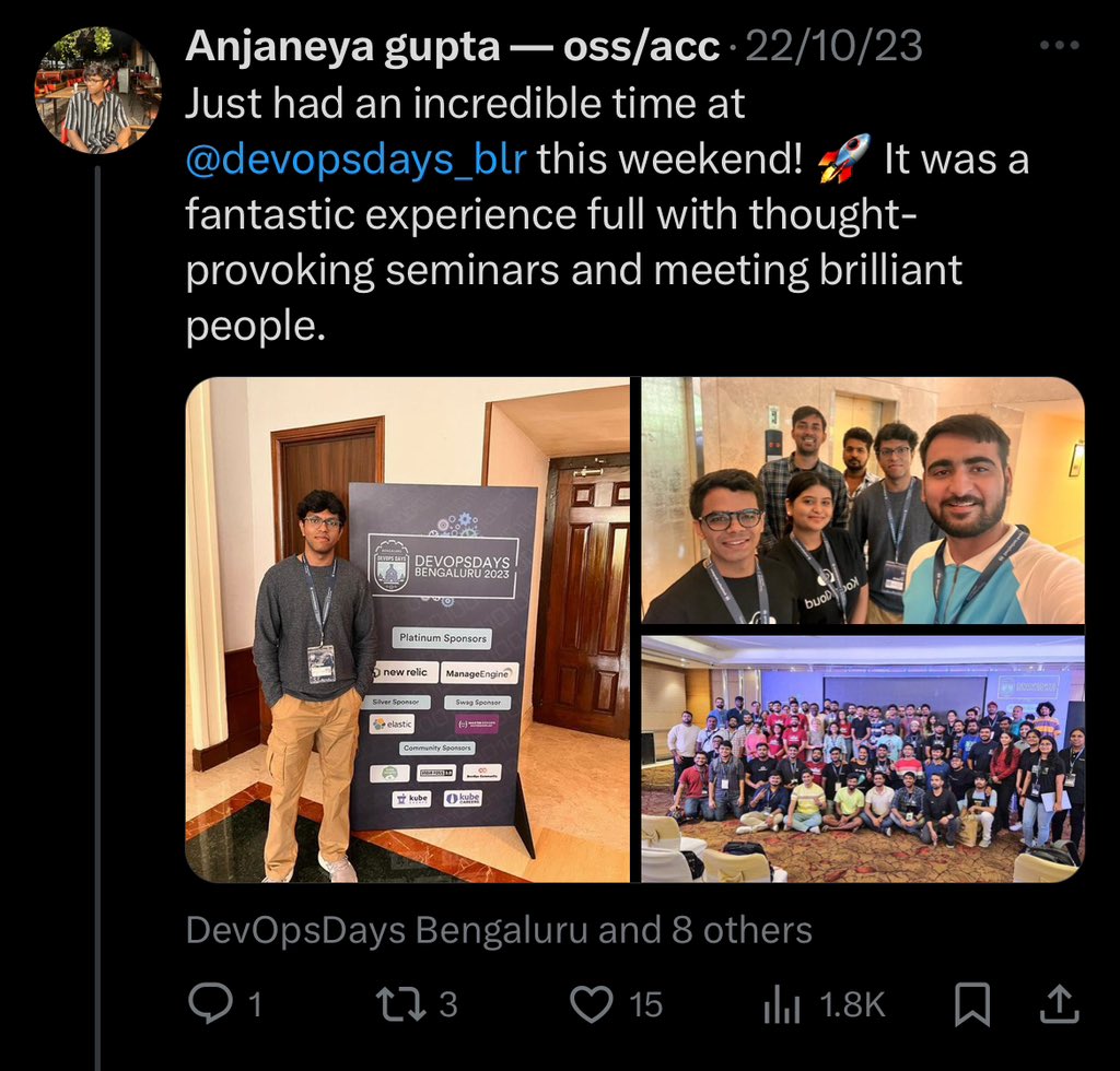 Attended @devopsdays_blr and had the privilege of meeting numerous outstanding individuals in person, including @ghumare64, @DevOpsBarbie, @ashutosh887_, @DudeWhoCode, and many others