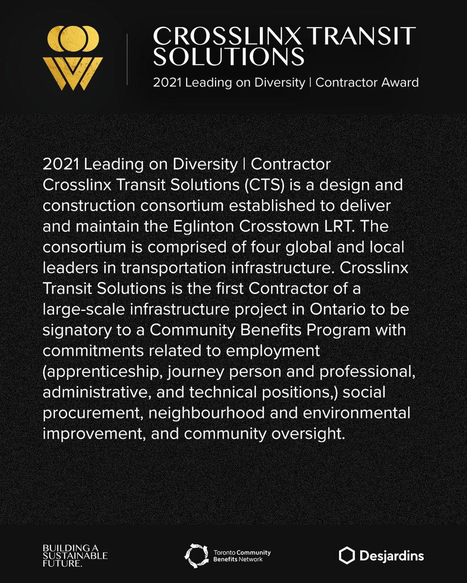 @crosslinx is the recipient of the 2021 Leading on Diversity Contractor Award

Early bird tickets for the 2024 Building Diversity Awards are now on sale until May 10th at buildingdiversity.communitybenefits.ca/tickets

#BuildingDiversityAwards2024 #mentorship #diversityandinclusion #CommunityBenefits