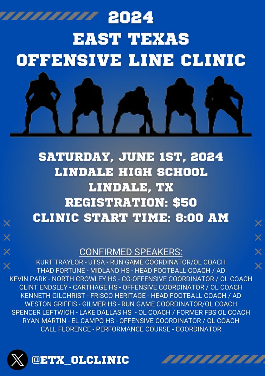 SPEAKER HIGHLIGHT Fired up to have @CoachWGriffis representing the State Champion @RealGilmerBux and East Texas on June 1 for the East TX OL Clinic! 📅 June 1, 2024 📍 Lindale, TX ⏲️ 8:00 AM - 3:00 PM 💲 $50 per person forms.gle/Fidw6FUZyggEvG… Get registered today! @DavidSmoak