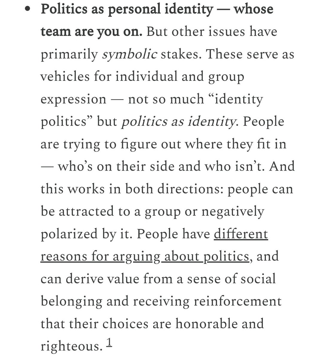 This piece from @NateSilver538 on where political beliefs come from is excellent Particularly on how political views are shaped by which group people want to identify with or against natesilver.net/p/for-most-peo…