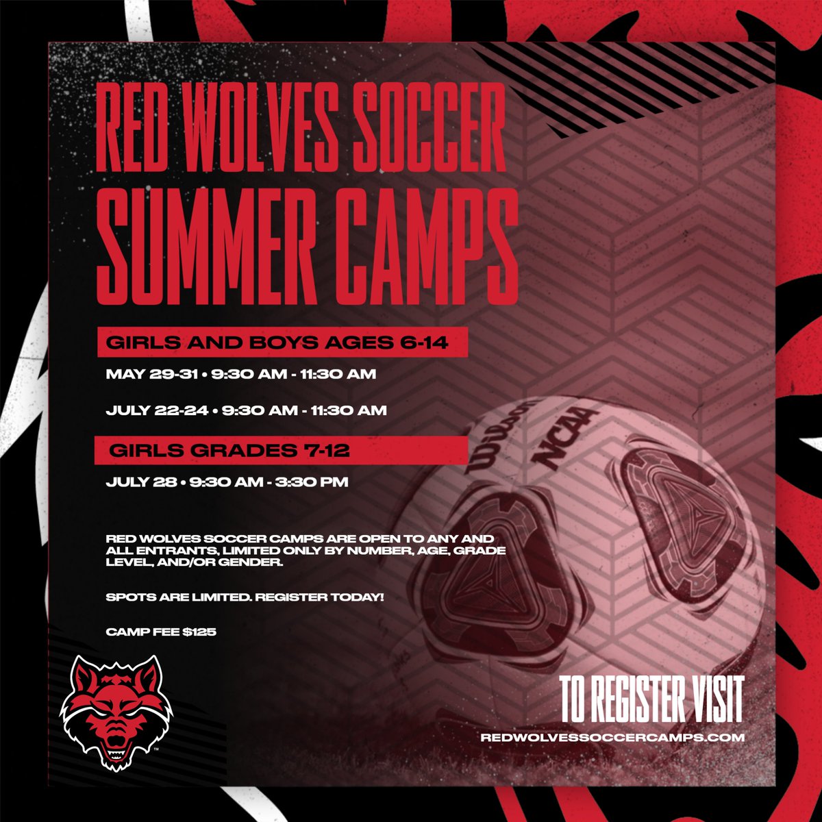 Registration for Red Wolves Summer Camps are officially open!

More info and registration can be found at
redwolvessoccercamps.com