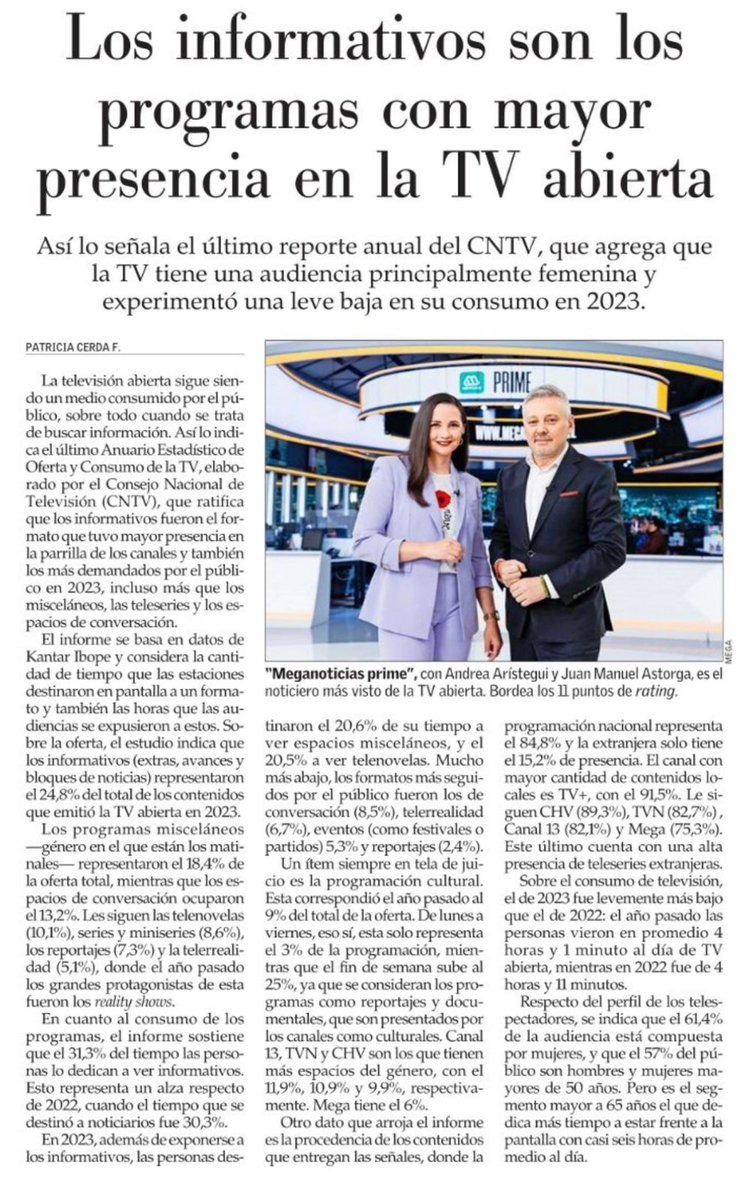 CNTV presenta el Anuario de Oferta y Consumo de TV 2023. Más información en bit.ly/4bkxhxR Nota hoy en El Mercurio 👇🏻