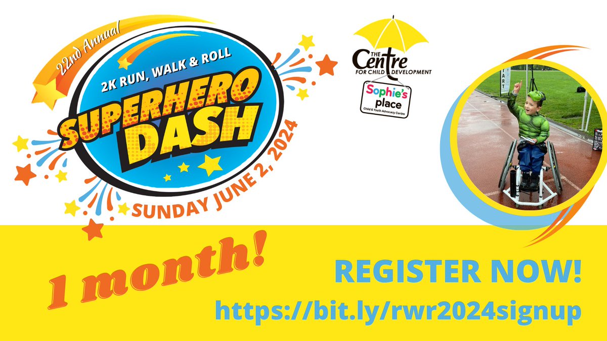 1 month till you can showcase your superhero spirit @ our Run, Walk & Roll- Superhero Dash! Register now & join us June 2 for a fun day in the sun, making a difference for kids with #specialneeds in our #community! Register bit.ly/rwr2024signup Sponsor bit.ly/rwr2024sponsor