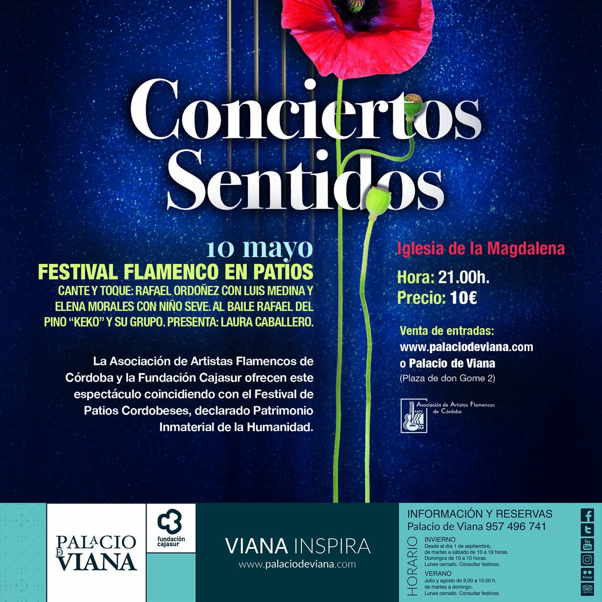 🌺 La Asociación de Artistas Flamencos de Córdoba y la @FundCajasur ofrecen el espectáculo 'Flamenco en Patios', aunando dos declaraciones patrimoniales. 🗓️ Te esperamos el 10 de mayo, a las 21 h ⛪️ Iglesia de la Magdalena 🎟️ Entradas a 10 € en palaciodeviana.com