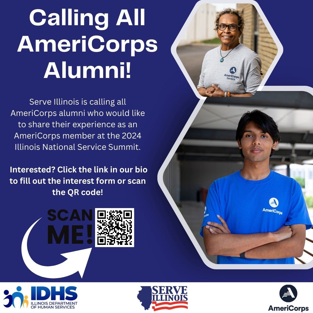 CALLING ALL AMERICORPS ALUMNI! 📣 Serve Illinois is calling all AmeriCorps alumni who would like to share their experience as an AmeriCorps member at the 2024 Illinois National Service Summit. Scan the QR code or visit surveymonkey.com/r/7Z55XJZ @ILHumanServices