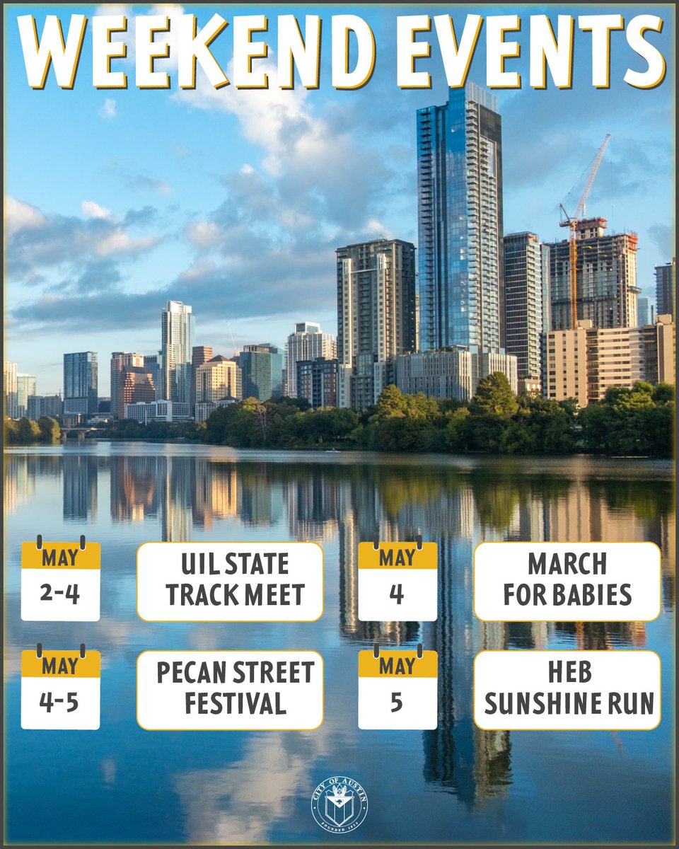 🚗 Weekend events impacting traffic throughout Austin: 🏃 UIL State Track & Field Meet More 👉 bit.ly/3Wt0sL1 👶 March for Babies More 👉 bit.ly/4a2ft9F 🌳 Pecan Street Festival More 👉 bit.ly/3UmoQvf 🏃 Sunshine Run More 👉 bit.ly/44pDB4W