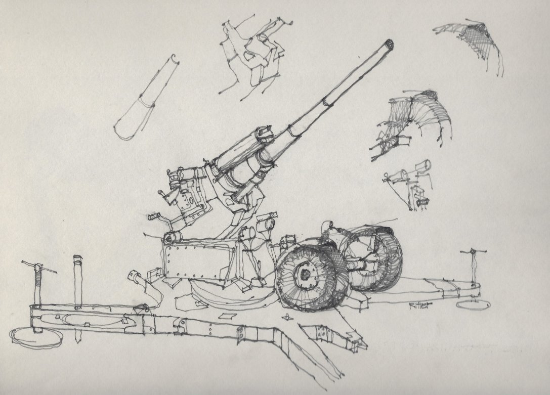 Pencil drawing from my postcollege sketchbook. World War Two British 3.7-inch Antiaircraft gun, North Africa. As you can see, this complex sketch required a few detail studies. #Drawings #Sketching #Art #Pencildrawing #WorldWar2
