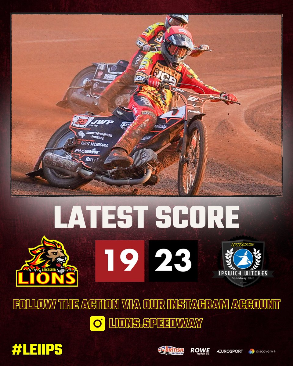 🏁 𝙇𝘼𝙏𝙀𝙎𝙏 𝙎𝘾𝙊𝙍𝙀 - After Heat 7️⃣ 🦁 Watling JCB Lions 19 🧙 Ipswich 23 Our duo of Max Fricke and Richard Lawson get another 5-1 in heat 6️⃣ to close the gap, with Ryan Douglas getting the better of Jason Doyle in heat 7️⃣. 📸 Phil McGlynn #LEIIPS 🦁🧙