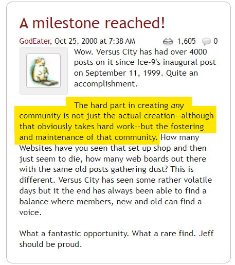 vfdotcom's tweet photo. "The hard part in creating any community is not just the actual creation--although that obviously takes hard work--but the fostering and maintenance of that community." - GodEater, October 25, 2000. #VFDC https://t.co/xN97UKkhbY