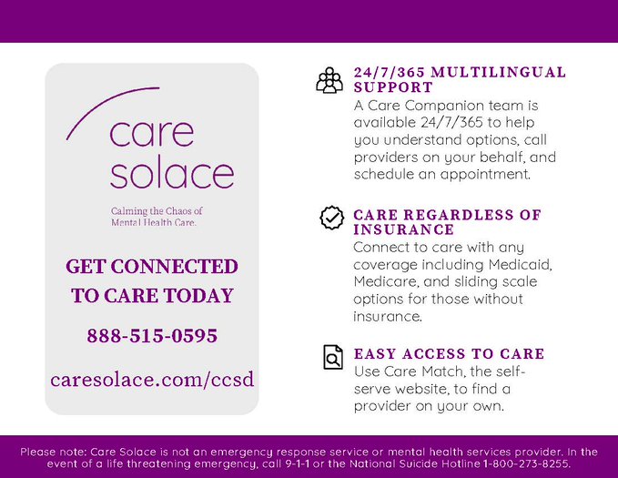 During Mental Health Awareness Month, we remind our community that CCSD provides mental health support for its students, families and employees. Care Solace is a free resource that connects users to available providers in the community: caresolace.com/ccsd. #MHAM2024