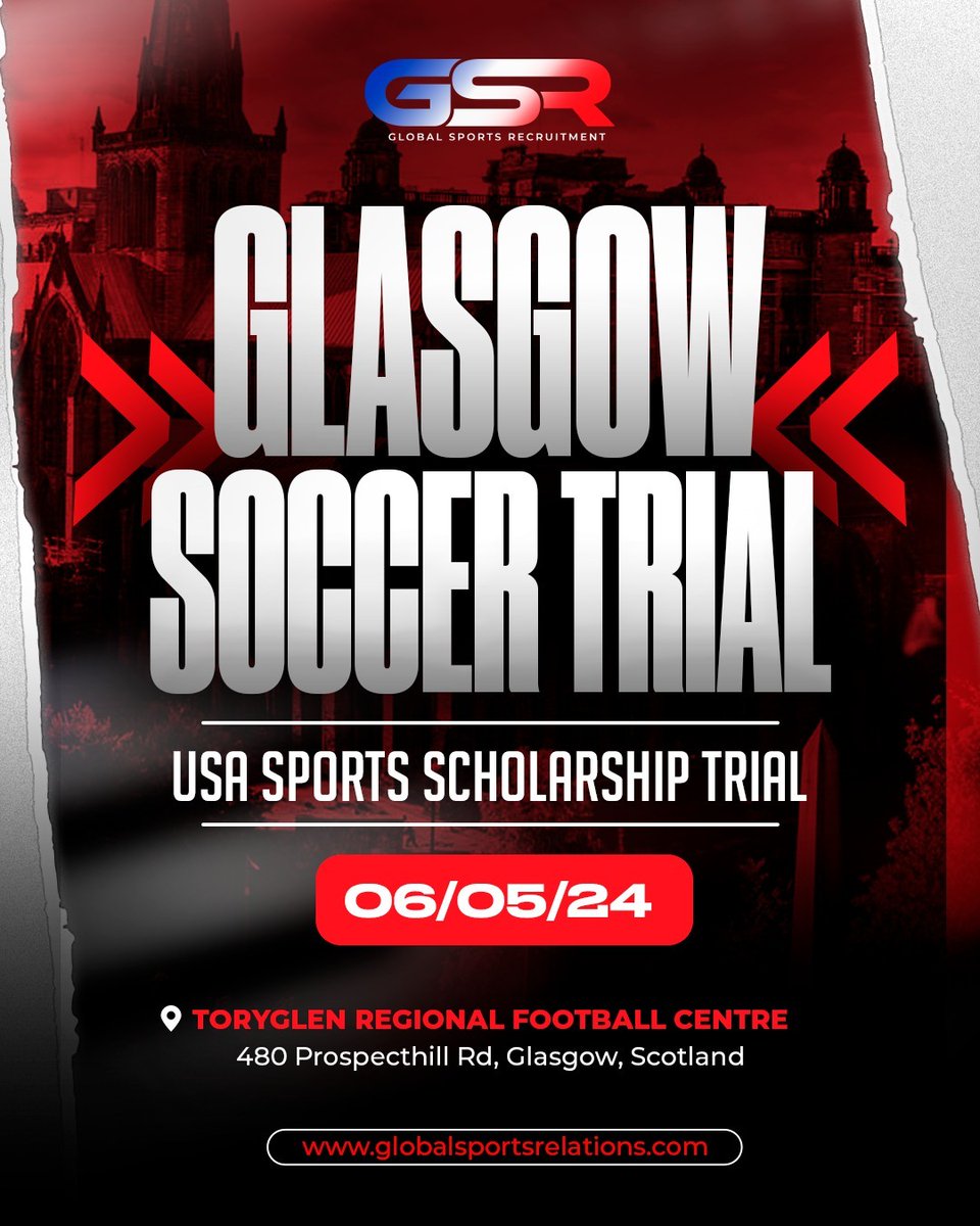 Our Glasgow soccer trials are being held MONDAY 📣 

To get all the info you need, and to apply, click the link below.
bit.ly/4af2FND

#soccertrials #sportsrecruitment #soccerUSA #footballtrials #soccerscholarship #glasgow #scotland #edinburgh #uk