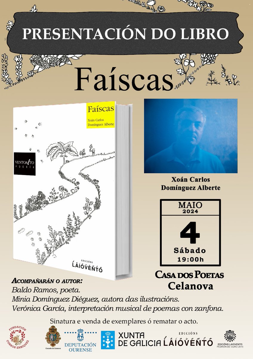 Celanova: presentación de Faíscas, de Xoán Carlos Domínguez Alberte: axendacultural.aelg.gal/2024/05/03/cel… @laiovento