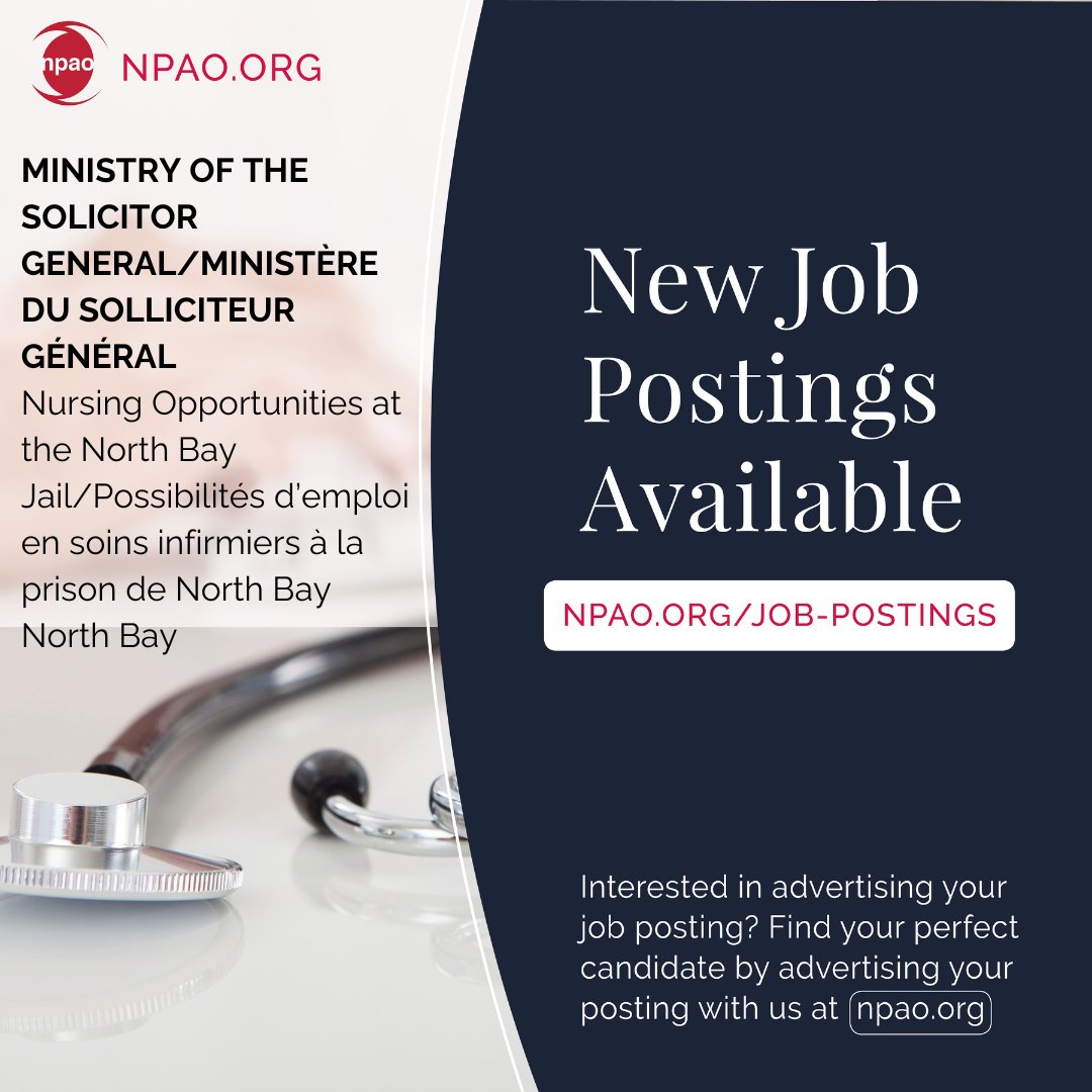 New Job Postings Available! ➡️ Learn more & Apply: loom.ly/qAflrXU New Job Posting | Ministry of the Solicitor General/Ministère du Solliciteur général (North Bay) #NursePractitioner #NP #Ontario #NPcareer #NPposting #CareerinNursing